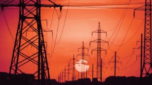 Electricity pylons at sunset, in Arcsen colours