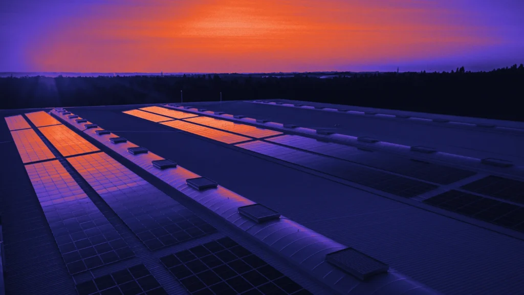 Solar panels at sunset, in Arcsen colours