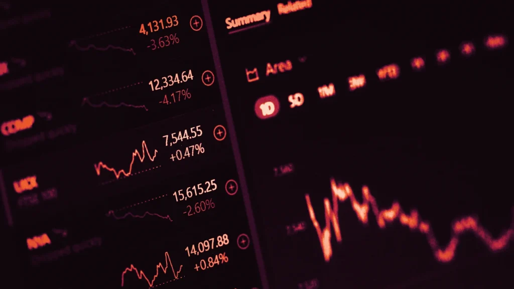 Trading charts on a screen, in Arcsen colours
