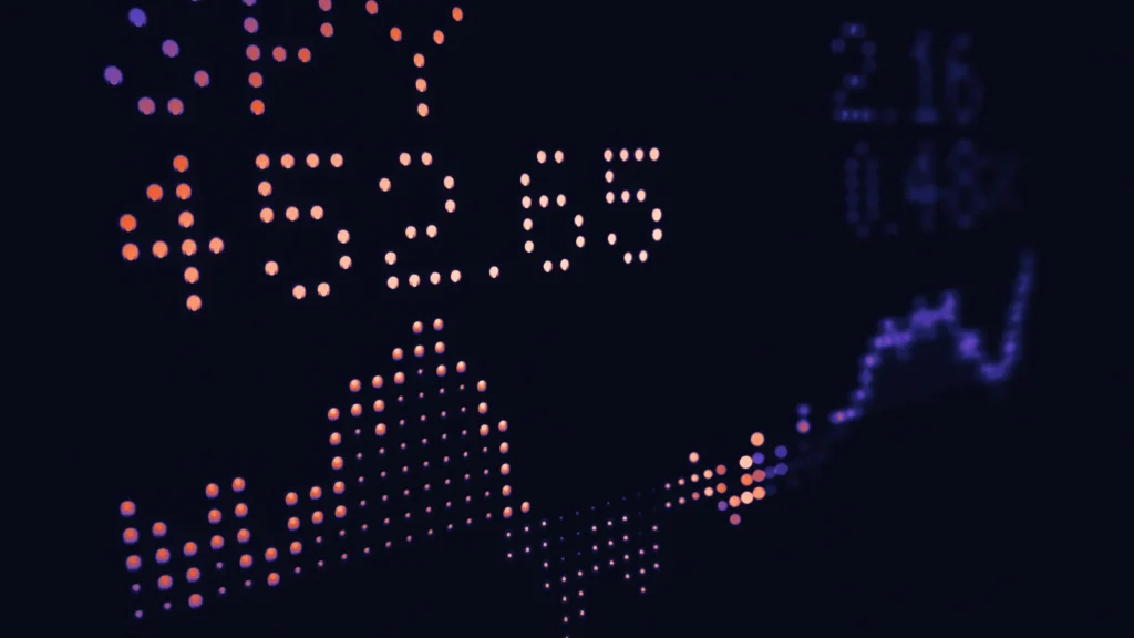 A stock ticker board with rising figures, in Arcsen colours