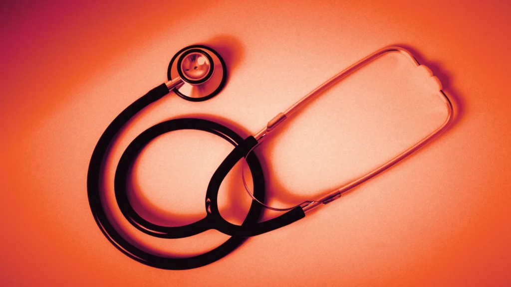 A stethoscope on a plain background, in Arcsen colours