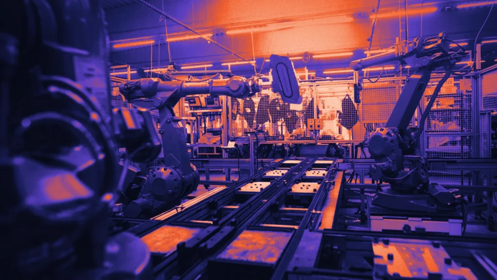 Robot arms on a factory production line, in Arcsen colours