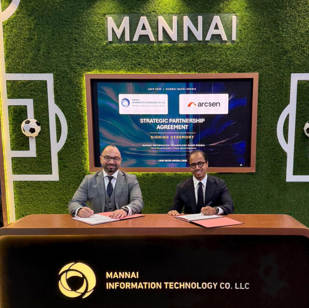 Arcsen and Mannai Information Technology executives shake hands after signing the Strategic Partnership Agreement at LEAP 2026 in Riyadh