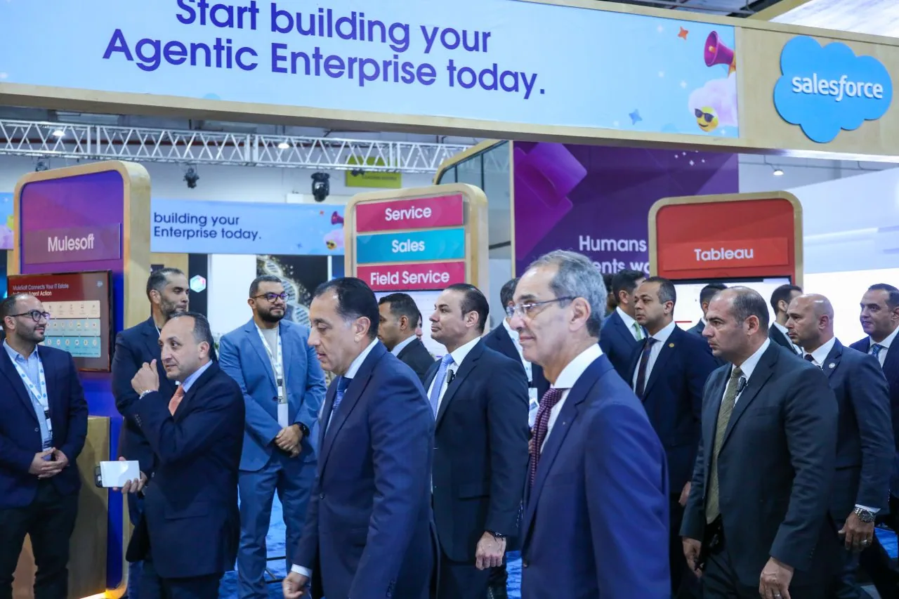 Dr Mostafa Madbouly and Dr Amr Talaat at the Salesforce stand during Cairo ICT 2025