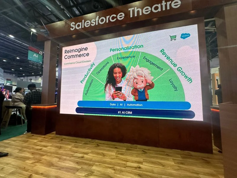 The Salesforce Theatre screen at GITEX Global 2024 showing a Reimagine Commerce slide for Commerce Cloud Einstein
